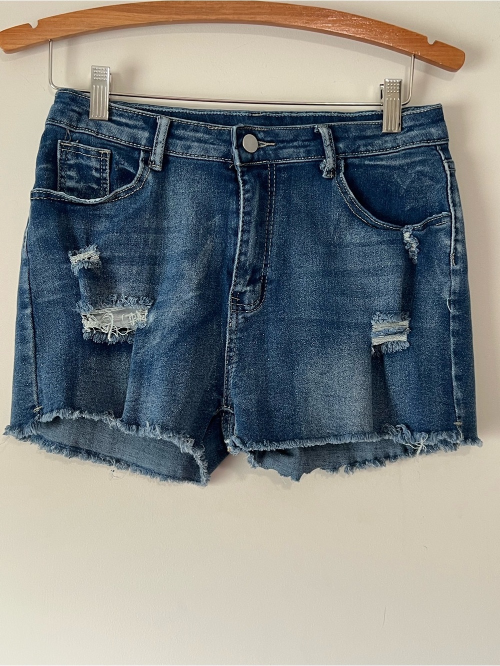 Stretch Denim Distressed Women’s Shorts - Dark Blue Wash